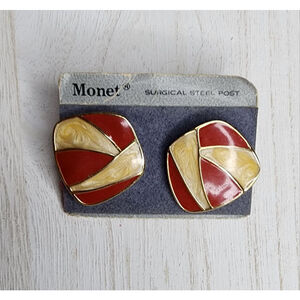 Vintage Monet Red & Cream Geometric Enamel Pierced Earrings